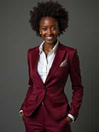 woman trying on a stylish three-piece suit in a rich burgundy color with a crisp white shirt and a paisley patterned pocket square