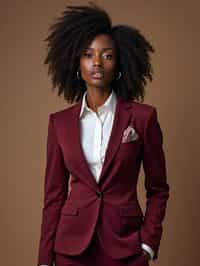 woman trying on a stylish three-piece suit in a rich burgundy color with a crisp white shirt and a paisley patterned pocket square