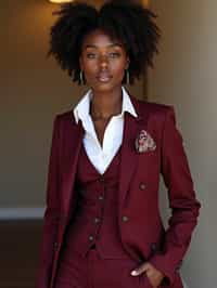 woman trying on a stylish three-piece suit in a rich burgundy color with a crisp white shirt and a paisley patterned pocket square