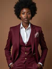 woman trying on a stylish three-piece suit in a rich burgundy color with a crisp white shirt and a paisley patterned pocket square