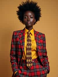 woman showcasing a dappersuit in a bold plaid pattern with a solid-colored shirt and a knitted tie