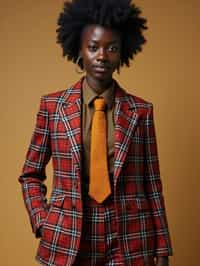 woman showcasing a dappersuit in a bold plaid pattern with a solid-colored shirt and a knitted tie