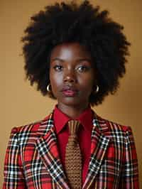 woman showcasing a dappersuit in a bold plaid pattern with a solid-colored shirt and a knitted tie