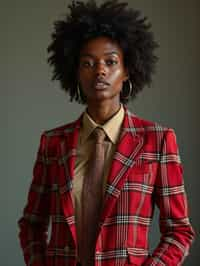 woman showcasing a dappersuit in a bold plaid pattern with a solid-colored shirt and a knitted tie