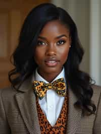 woman wearing a trendy tweed suit with a patterned bow tie and a contrasting vest