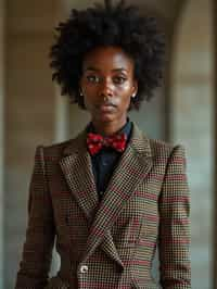 woman wearing a trendy tweed suit with a patterned bow tie and a contrasting vest