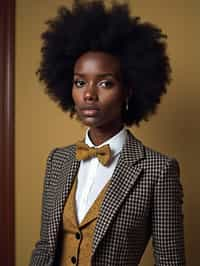 woman wearing a trendy tweed suit with a patterned bow tie and a contrasting vest