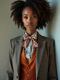 woman wearing a trendy tweed suit with a patterned bow tie and a contrasting vest