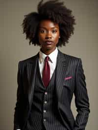 woman trying on a sophisticated pinstripe suit with a waistcoat and a burgundy tie