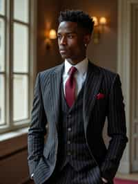 woman trying on a sophisticated pinstripe suit with a waistcoat and a burgundy tie