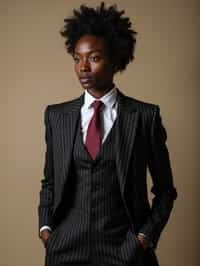 woman trying on a sophisticated pinstripe suit with a waistcoat and a burgundy tie