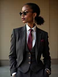 woman trying on a sophisticated pinstripe suit with a waistcoat and a burgundy tie