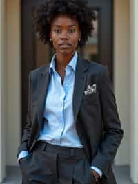 woman showcasing a modern slim-fit charcoal with a light blue dress shirt and a contrasting pocket square