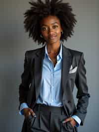 woman showcasing a modern slim-fit charcoal with a light blue dress shirt and a contrasting pocket square