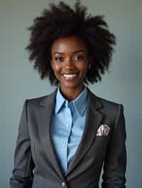 woman showcasing a modern slim-fit charcoal with a light blue dress shirt and a contrasting pocket square