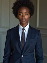 woman wearing a classic navy blue suit with a crisp white dress shirt and a patterned tie