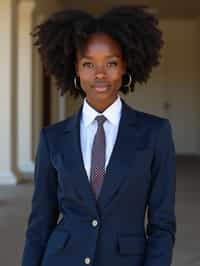 woman wearing a classic navy blue suit with a crisp white dress shirt and a patterned tie