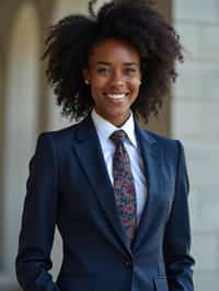 woman wearing a classic navy blue suit with a crisp white dress shirt and a patterned tie