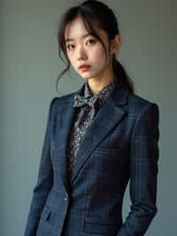 woman showcasing a unique windowpane check suit in a navy blue color with a patterned shirt and a contrasting bow tie