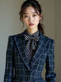 woman showcasing a unique windowpane check suit in a navy blue color with a patterned shirt and a contrasting bow tie