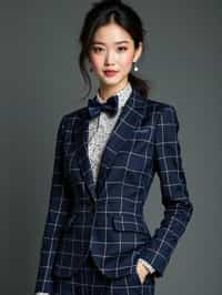 woman showcasing a unique windowpane check suit in a navy blue color with a patterned shirt and a contrasting bow tie