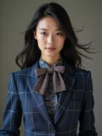 woman showcasing a unique windowpane check suit in a navy blue color with a patterned shirt and a contrasting bow tie