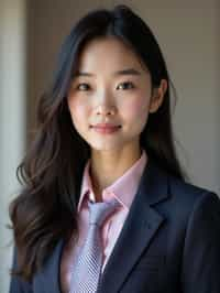 woman wearing a classic navy herringbone suit with a light pink dress shirt and a polka dot tie