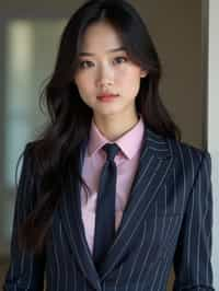 woman wearing a classic navy herringbone suit with a light pink dress shirt and a polka dot tie