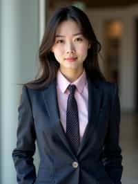 woman wearing a classic navy herringbone suit with a light pink dress shirt and a polka dot tie