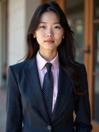 woman wearing a classic navy herringbone suit with a light pink dress shirt and a polka dot tie