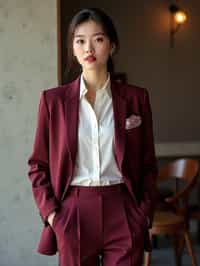 woman trying on a stylish three-piece suit in a rich burgundy color with a crisp white shirt and a paisley patterned pocket square