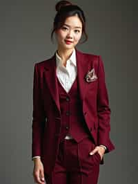 woman trying on a stylish three-piece suit in a rich burgundy color with a crisp white shirt and a paisley patterned pocket square