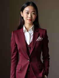 woman trying on a stylish three-piece suit in a rich burgundy color with a crisp white shirt and a paisley patterned pocket square