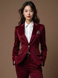 woman trying on a stylish three-piece suit in a rich burgundy color with a crisp white shirt and a paisley patterned pocket square