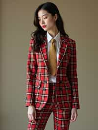 woman showcasing a dappersuit in a bold plaid pattern with a solid-colored shirt and a knitted tie