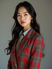 woman showcasing a dappersuit in a bold plaid pattern with a solid-colored shirt and a knitted tie