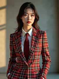 woman showcasing a dappersuit in a bold plaid pattern with a solid-colored shirt and a knitted tie