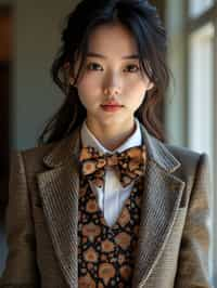 woman wearing a trendy tweed suit with a patterned bow tie and a contrasting vest