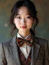 woman wearing a trendy tweed suit with a patterned bow tie and a contrasting vest