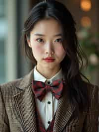 woman wearing a trendy tweed suit with a patterned bow tie and a contrasting vest