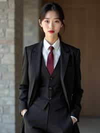 woman trying on a sophisticated pinstripe suit with a waistcoat and a burgundy tie