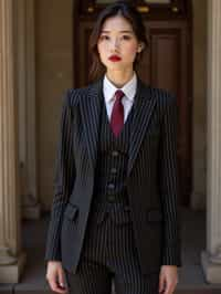 woman trying on a sophisticated pinstripe suit with a waistcoat and a burgundy tie