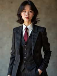 woman trying on a sophisticated pinstripe suit with a waistcoat and a burgundy tie