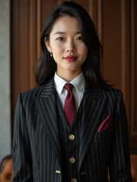 woman trying on a sophisticated pinstripe suit with a waistcoat and a burgundy tie