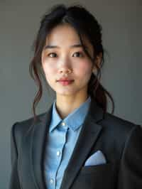 woman showcasing a modern slim-fit charcoal with a light blue dress shirt and a contrasting pocket square