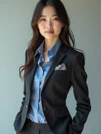 woman showcasing a modern slim-fit charcoal with a light blue dress shirt and a contrasting pocket square