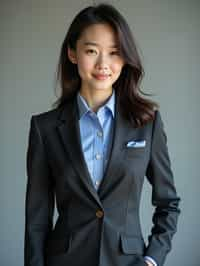 woman showcasing a modern slim-fit charcoal with a light blue dress shirt and a contrasting pocket square