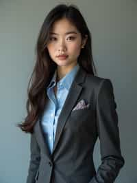 woman showcasing a modern slim-fit charcoal with a light blue dress shirt and a contrasting pocket square