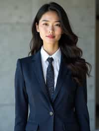 woman wearing a classic navy blue suit with a crisp white dress shirt and a patterned tie