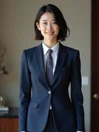 woman wearing a classic navy blue suit with a crisp white dress shirt and a patterned tie